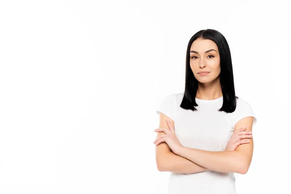 Attractive Woman Standing Crossed Arms Isolated White — Stock Photo, Image