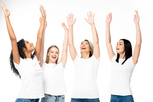 Excited Multicultural Women Standing Hands Head Isolated White — 스톡 사진