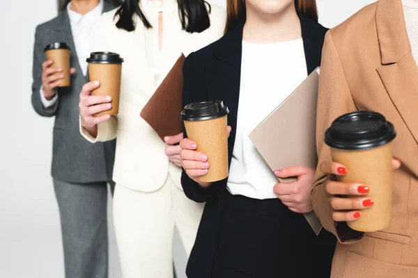 Cropped View Four Multicultural Businesswomen Holding Folders Paper Cups Isolated — Stock Photo, Image