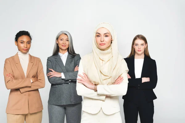 Beautiful Multicultural Businesswomen Standing Crossed Arms Isolated White — 스톡 사진