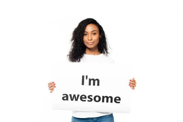 Smiling African American Woman Holding Placard Awesome Lettering Isolated White — Stock Photo, Image