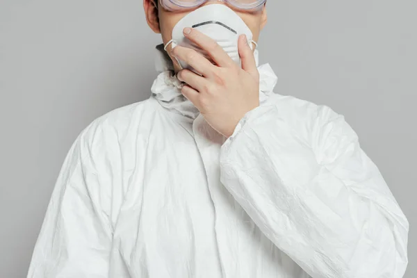 Cropped View Epidemiologist Hazmat Suit Touching Respirator Mask Isolated Grey — Stock Photo, Image