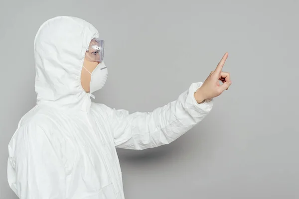 Side View Asian Epidemiologist Hazmat Suit Respirator Mask Showing Warning — 图库照片