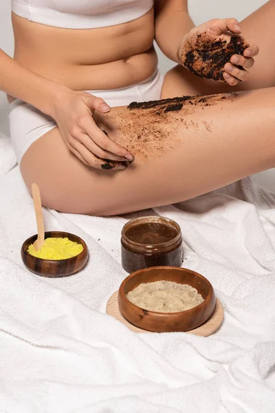 Cropped View Girl Different Scrubs Applying Coffee Scrub Legs — Stock Photo, Image