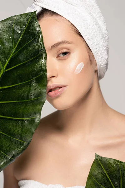 Young Woman Moisturizing Cream Face Towel Head Posing Green Leaves — Stock Photo, Image