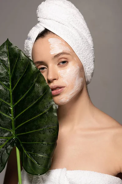 Attractive Girl Cosmetic Mask Face Towel Head Posing Green Leaf — Stock Photo, Image