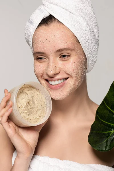 Cheerful Woman Towel Head Holding Green Leaf Plastic Container Coconut — Stock Photo, Image