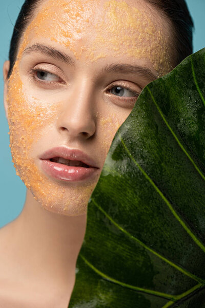 красивая девушка с сахарной сморчкой на лице, держащая лист, изолированная на синем
