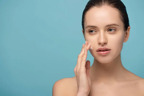 Beautiful Young Woman Applying Cleansing Foam Face Isolated Blue — Stock Photo, Image