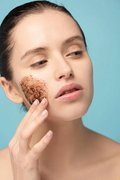 Attractive Young Woman Applying Coffee Scrub Face Isolated Blue — Stock Photo, Image