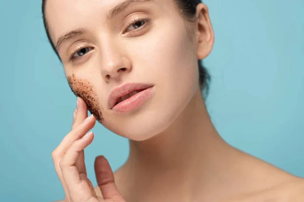Attractive Woman Applying Coffee Scrub Face Isolated Blue — Stock Photo, Image