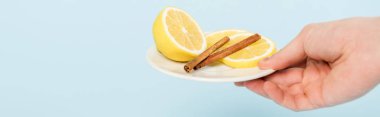 Mavi üzerinde dilimlenmiş limon ve tarçın çubukları olan bir adamın panoramik görüntüsü. 