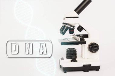 DNA harflerinin yanındaki mikroskop ve beyazın üzerindeki illüstrasyon 