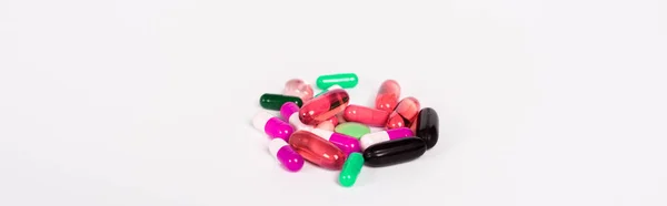 Panoramisch Schot Van Kleurrijke Pillen Geïsoleerd Wit — Stockfoto