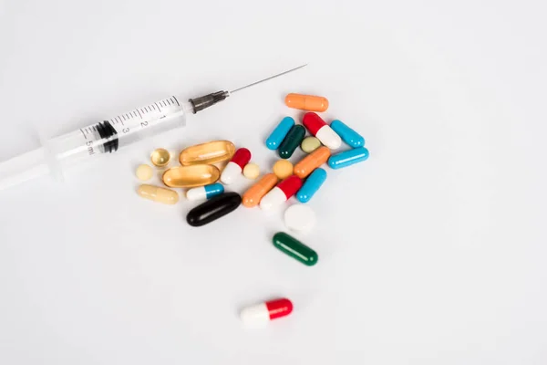 Colorful Pills Syringe White Copy Space — Stock Photo, Image