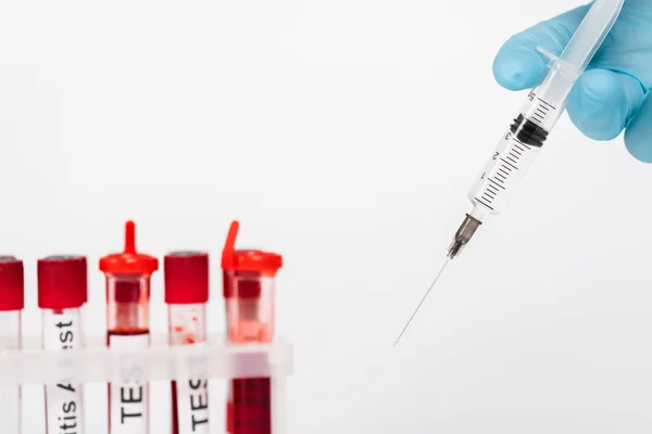 Cropped View Scientist Holding Syringe Test Tubes Isolated White — Stock Photo, Image