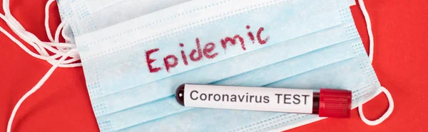 Panoramic Shot Sample Coronavirus Test Protective Medical Masks Epidemic Lettering — Stock Photo, Image