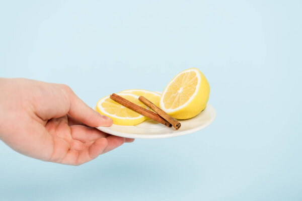 cropped view of man holding plate with sliced lemons and cinnamon sticks isolated on blue 