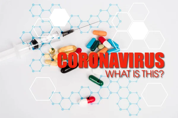 colorful pills near syringe and coronavirus what is this lettering on white