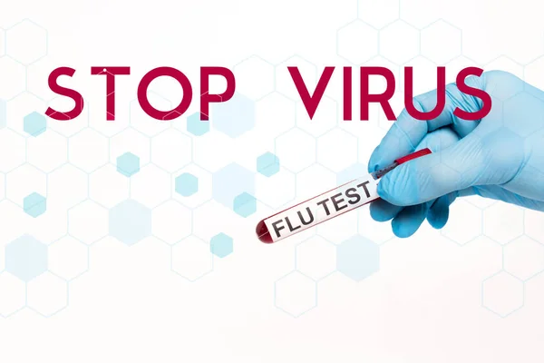 Cropped View Scientist Holding Test Tube Flu Test Stop Virus — Stock Photo, Image