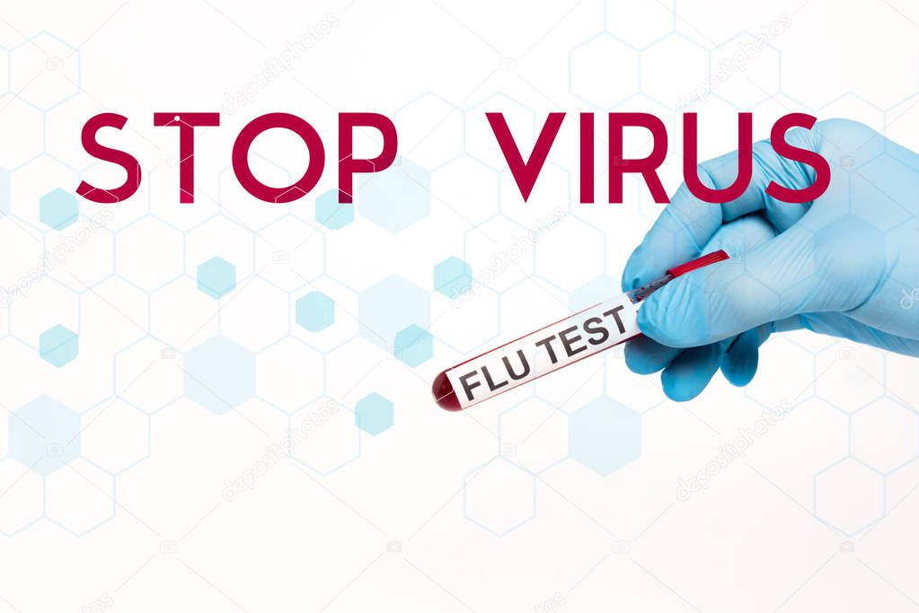 cropped view of scientist holding test tube with flu test near stop virus lettering on white 