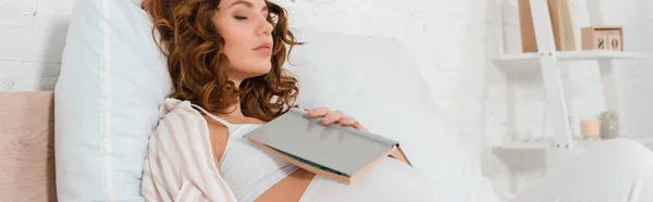 Panoramic Shot Pregnant Woman Sleeping Book Belly Bed — Stock Photo, Image