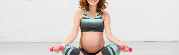 Vue Recadrée Une Femme Enceinte Souriante Avec Des Haltères Assis — Photo