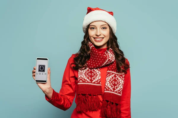 1Kyiv Ukraine November 2019 Happy Girl Santa Hat Red Sweater — Stock Photo, Image