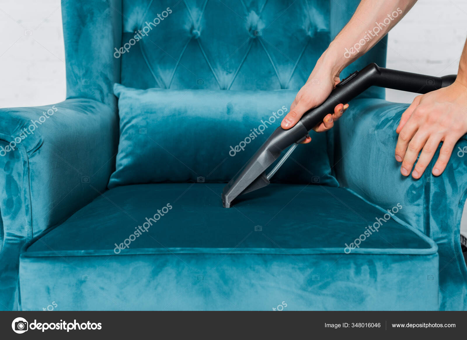 Cropped View Man Cleaning Blue Armchair Vacuum Cleaner — Stock Photo