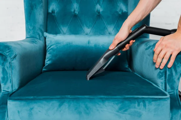 Cropped View Man Cleaning Blue Armchair Vacuum Cleaner — Stock Photo, Image