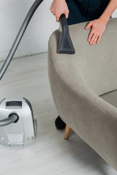 Cropped View Young Cleaner Dry Cleaning Armchair Vacuum Cleaner Living — Stock Photo, Image
