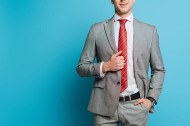 cropped view of businessman in grey suit standing with hand in pocket on blue background clipart