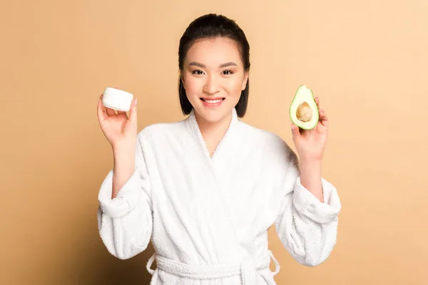 Happy Beautiful Asian Woman Bathrobe Avocado Half Face Cream Beige — Stock Photo, Image