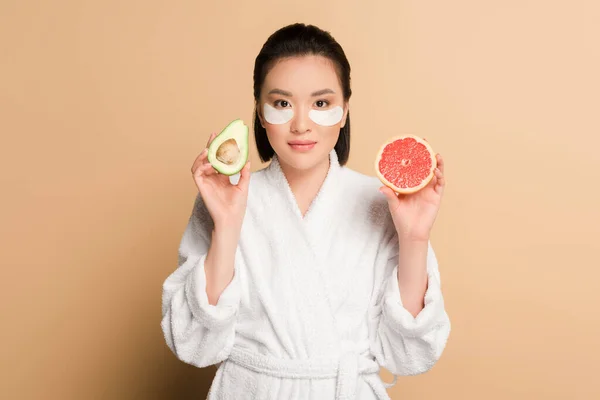 Beautiful Asian Woman Bathrobe Eye Patches Face Holding Grapefruit Avocado — Stock Photo, Image