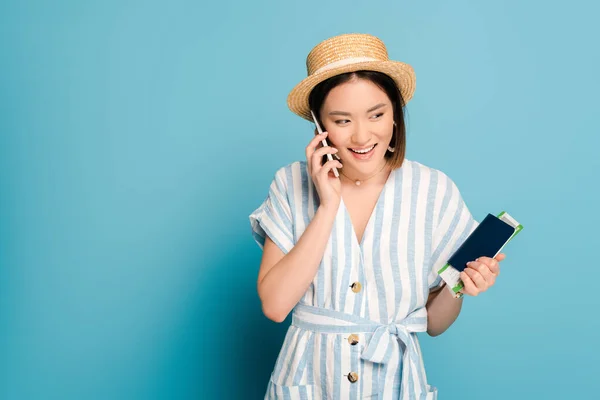 Smiling Brunette Asian Girl Striped Dress Straw Hat Holding Passport — Stock Photo, Image