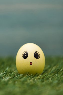 Çimlerin üzerinde şok olmuş yüz ifadesi olan Paskalya yumurtası. 