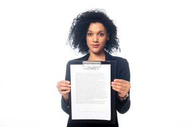 Front view of successful african american businesswoman looking at camera and showing contract isolated on white clipart