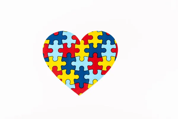 Вид Зверху Серце Головоломки Ізольовано Білому Концепція Аутизму — стокове фото