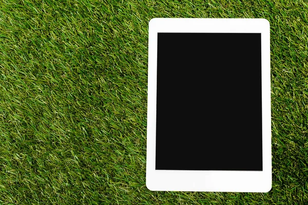 Ovanifrån Digital Tablett Grön Bakgrund Jord Dag Koncept — Stockfoto