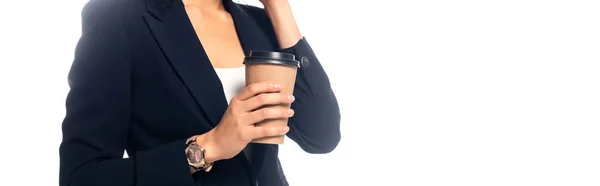Afro Amerikalı Bir Kadının Elindeki Tek Kullanımlık Kahveyi Beyaz Üzerine — Stok fotoğraf