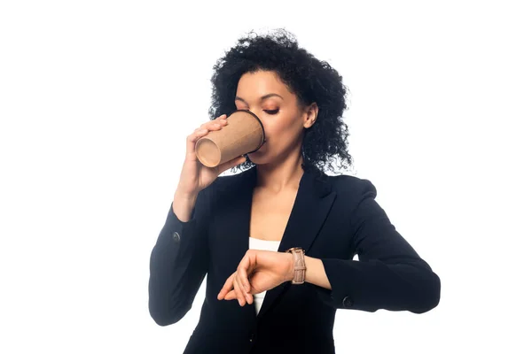 Front View African American Woman Drinking Coffee Looking Wristwatch Isolated — Stock Photo, Image