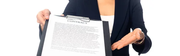 Partial View African American Businesswoman Showing Contract Isolated White — Stock Photo, Image