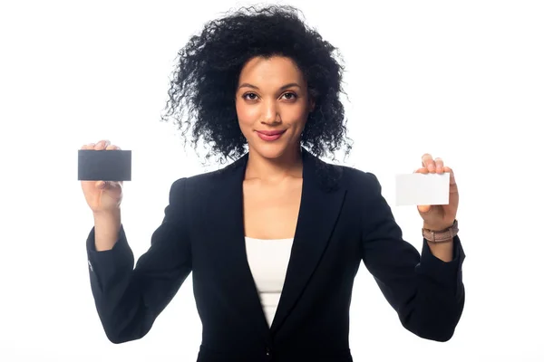 Front View Confident African American Businesswoman Presenting Business Cards Looking — Stock Photo, Image