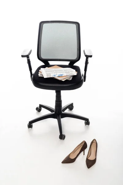 Office Chair Notebooks Newspaper Shoes White Background — Stock Photo, Image