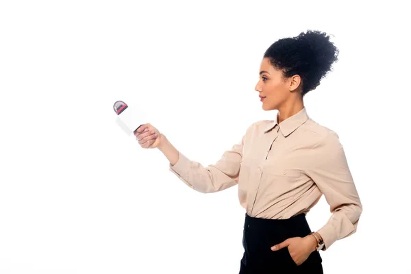 African American Journalist Hand Pocket Holding Microphone Outstretched Hand Isolated — Stock Photo, Image