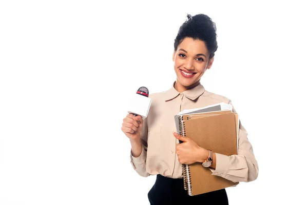 African American Journalist Microphone Documents Notebooks Looking Camera Isolated White — Stock Photo, Image