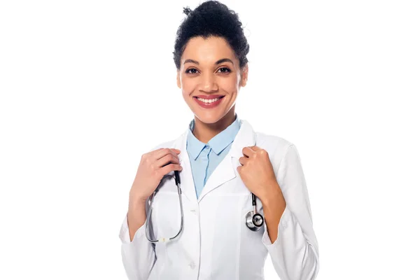 Front View Smiling Positive African American Doctor Stethoscope Looking Camera — Stock Photo, Image