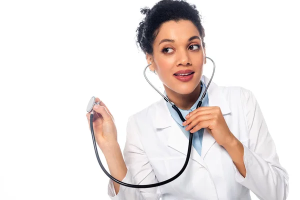 African American Doctor Listening Stethoscope Isolated White — Stock Photo, Image