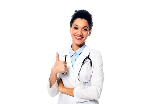 Front View African American Doctor Stethoscope Showing Thumb Smiling Isolated — Stock fotografie