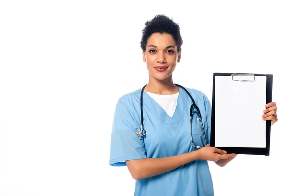 Front View African American Nurse Stethoscope Looking Camera Showing Clipboard — Stock Photo, Image